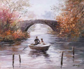PXYW681 Wall décor art oil on canvas streetscene boat on river